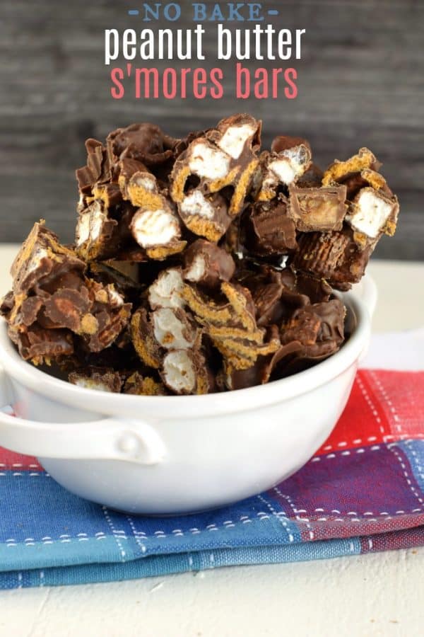 Bowl filled with Easy No Bake Peanut Butter S'mores Bars cut into squares.