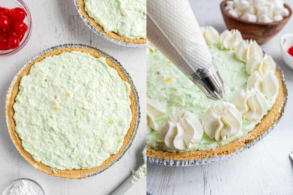 Step by step photos showing how to assemble pistachio pie.