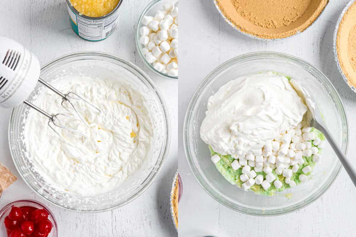 Step by step photos showing how to make pistachio pudding pie filling.