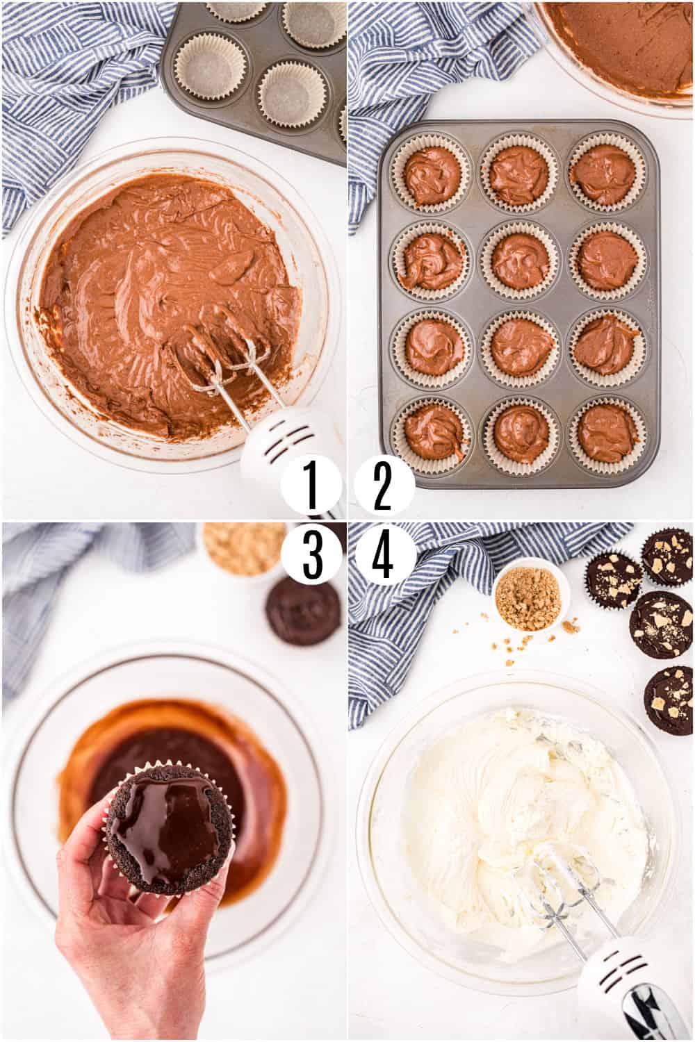 Step by step photos showing how to assemble s'mores cupcakes with ganache and frosting.