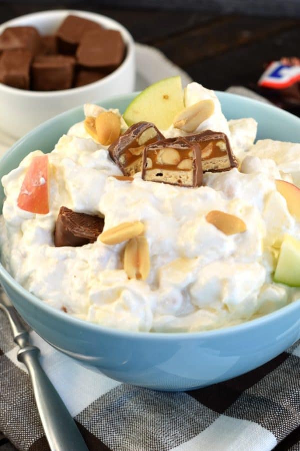 Snicker Caramel Apple Salad recipe is the perfect dessert for your next potluck. Whether serving this to your family or a crowd, it's always a 5 star recipe!