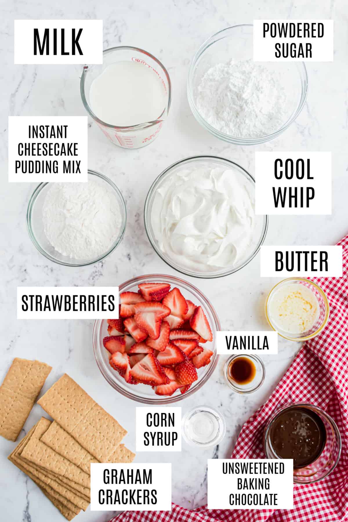 Ingredients needed to make strawberry eclair cake.