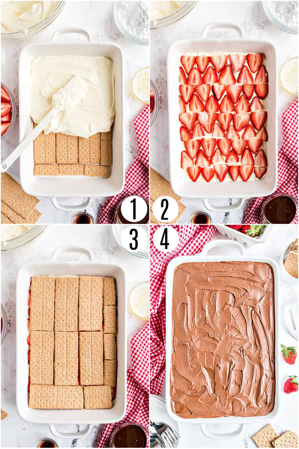 Step by step photos showing how to make strawberry eclair cake.