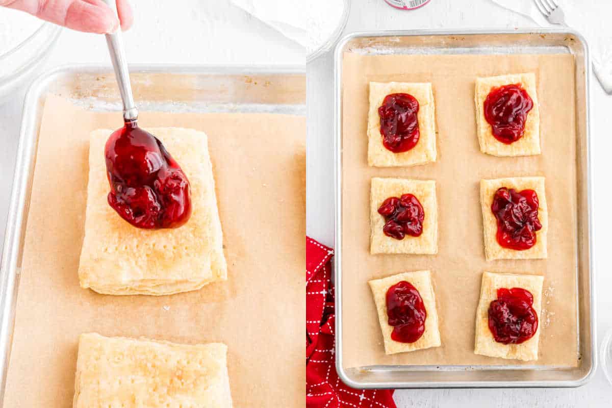 Step by step photos showing how to add pie filling to strudel.