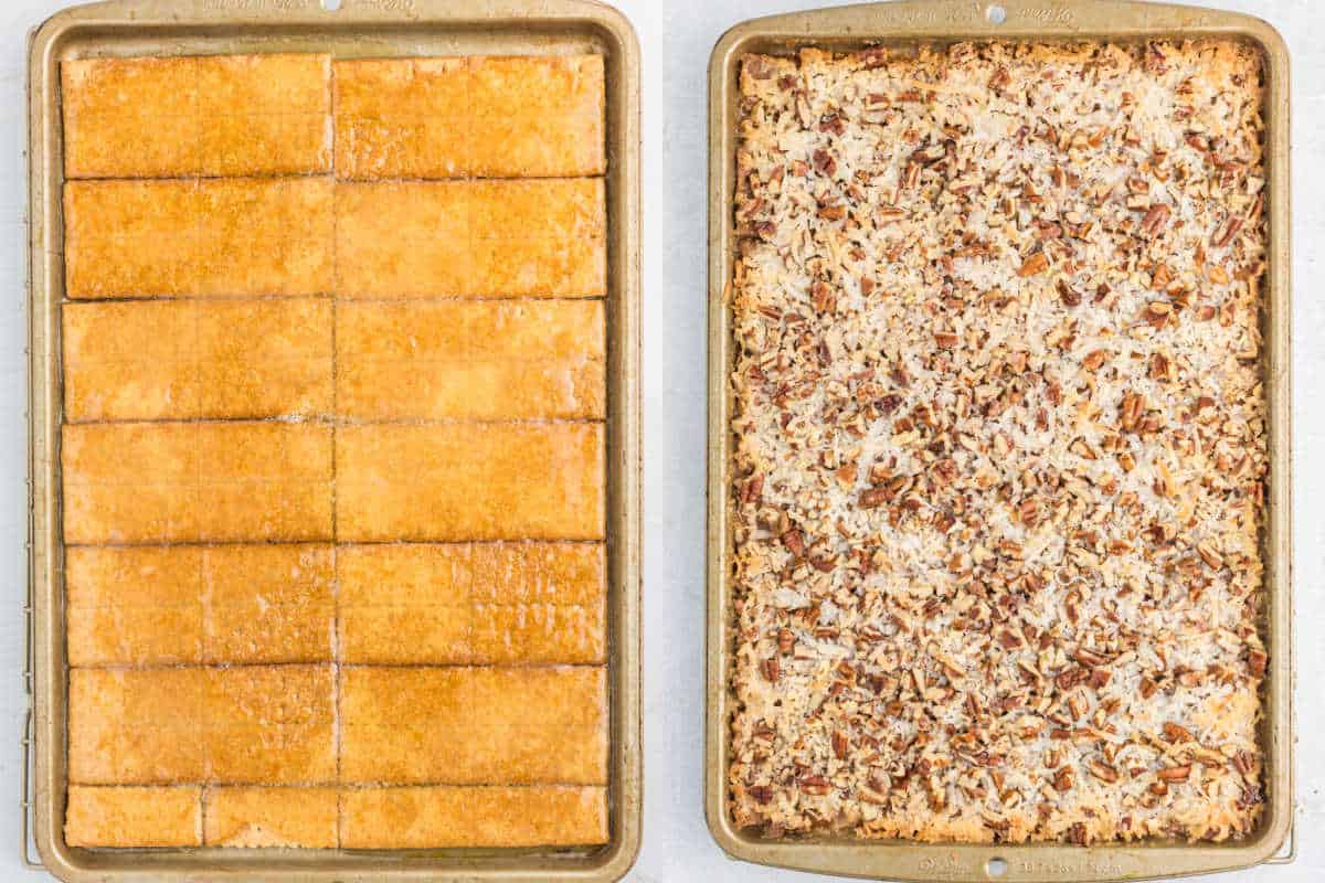 Two baking sheets: one with sliced golden bars of caramel coconut cracker toffee, the other topped with shredded coconut and chopped pecans.
