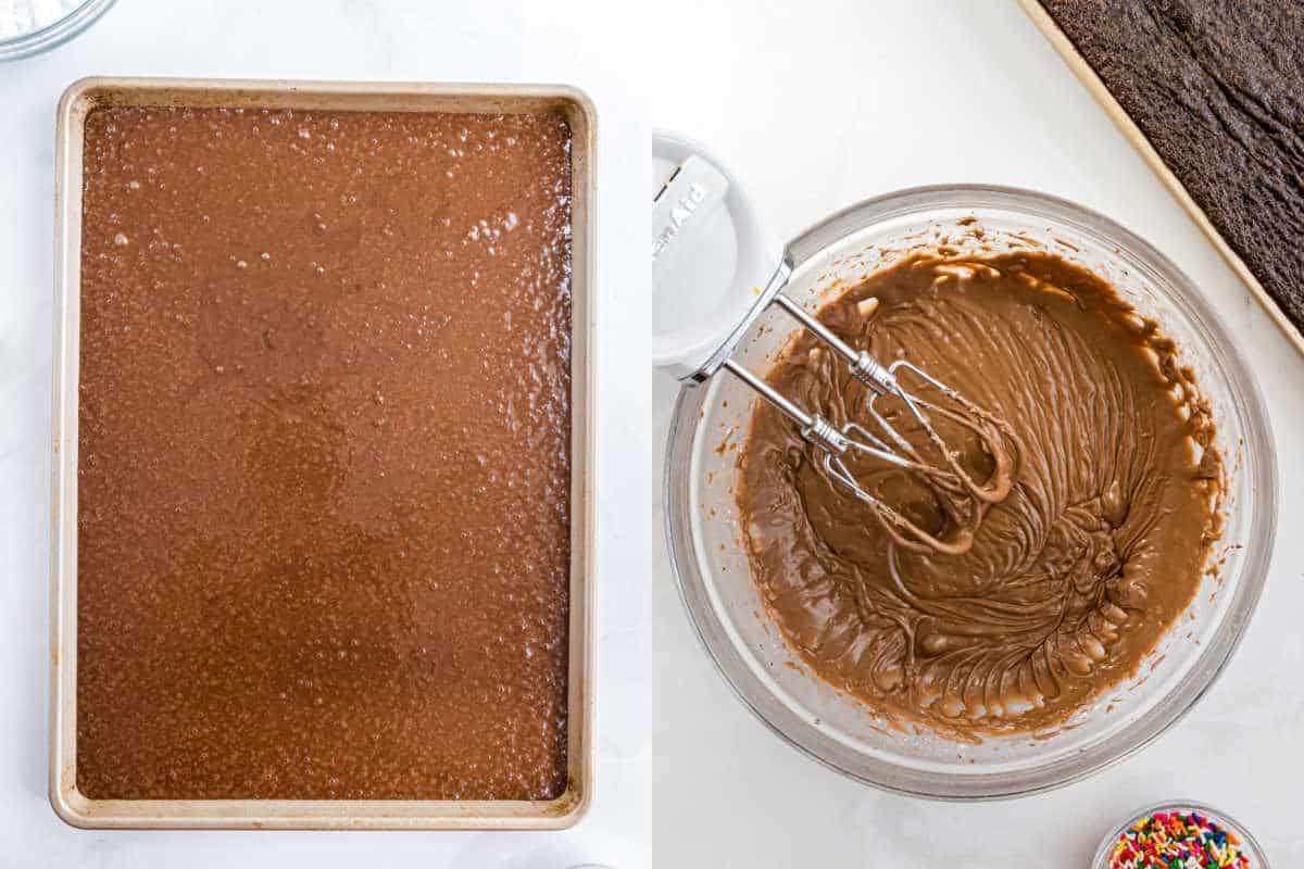 A baking sheet with chocolate buttermilk sheet cake batter and a bowl of chocolate frosting with a mixer on a white surface.
