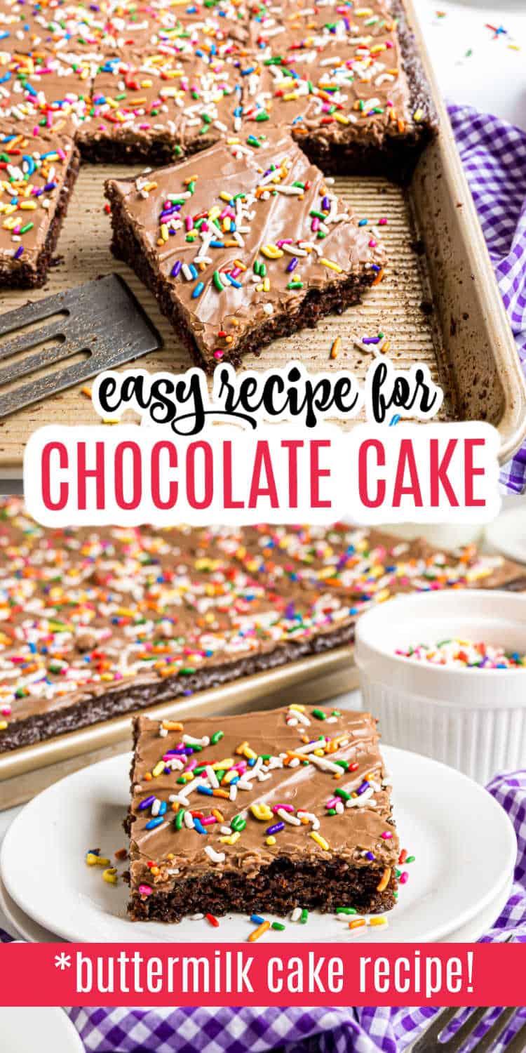 A slice of chocolate buttermilk sheet cake with sprinkles sits on a white plate, next to a pan of the same rich, moist cake.