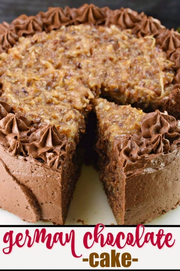 This German Chocolate Cake recipe, from scratch, is decadent and sweet with the rich chocolate cake layers topped with coconut pecan frosting! Add some chocolate buttercream frosting to put this cake recipe over the top!