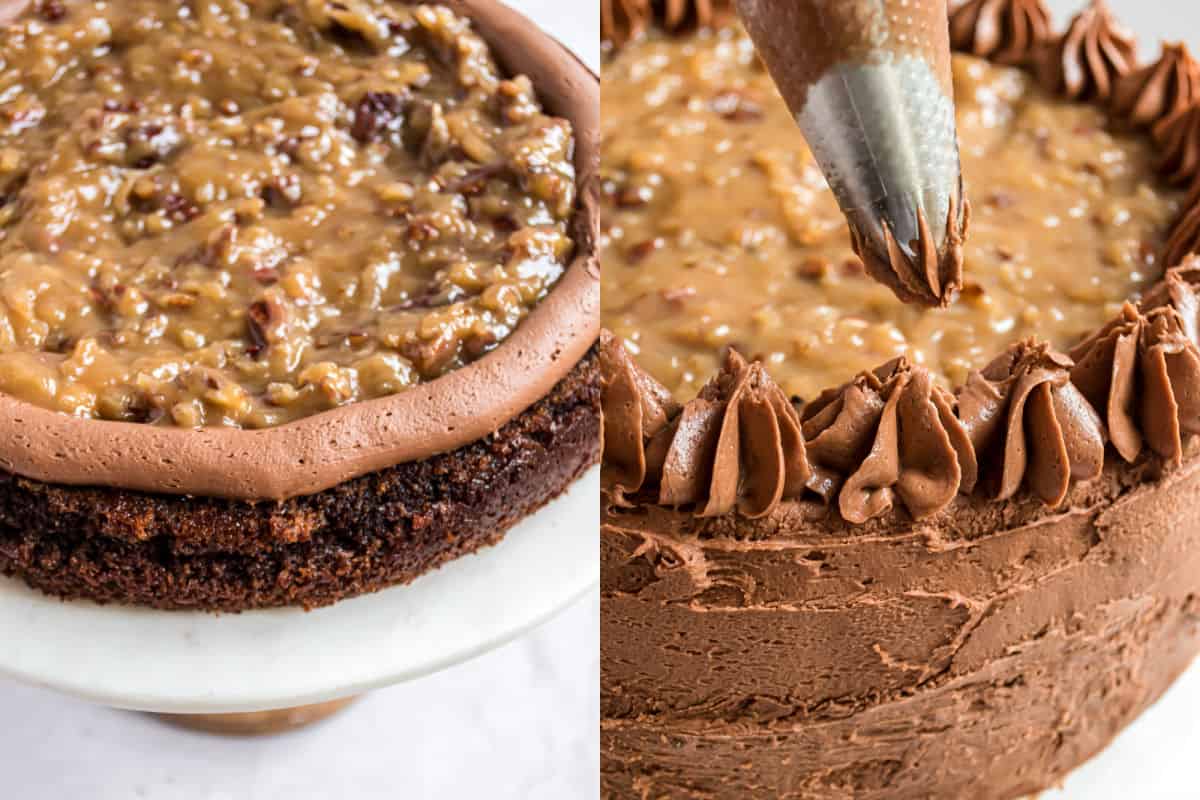 Step by step photos showing how to assemble german chocolate cake.