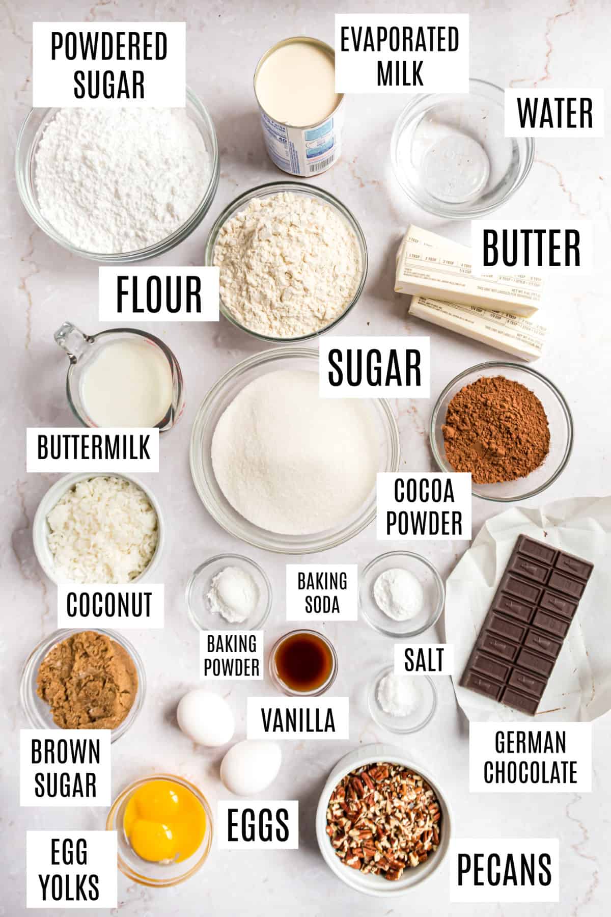 Ingredients needed to make german chocolate cake.