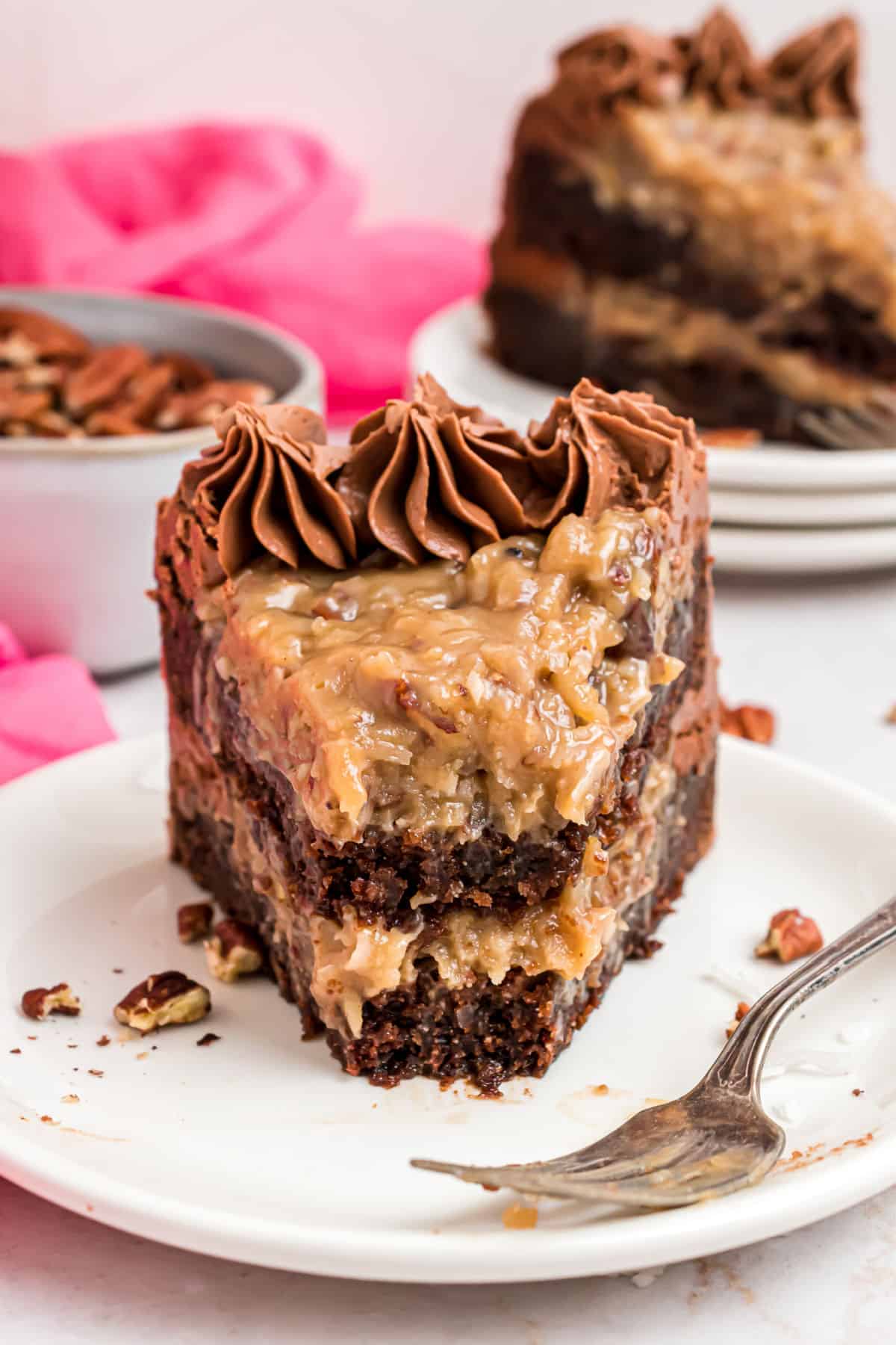 Slice of german chocolate cake on a white plate.