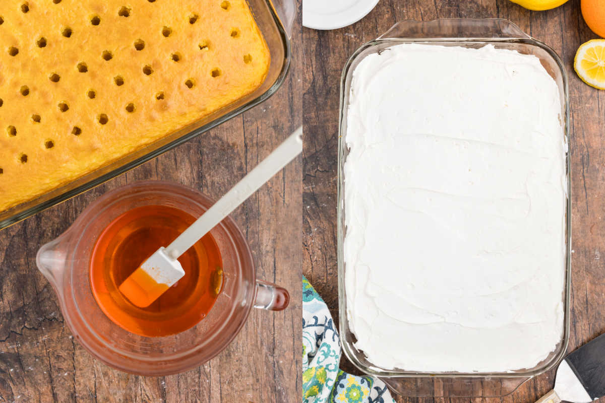 Left: lemon orange jell-o cake with holes and syrup; right: cake in pan topped with white frosting, on wooden surface.