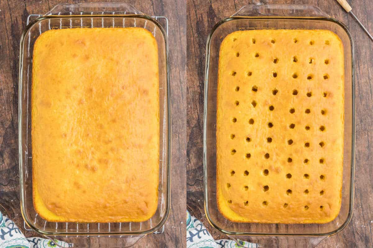 Two side-by-side lemon orange Jell-O cakes in glass pans, one whole and the other with evenly spaced holes poked on top.