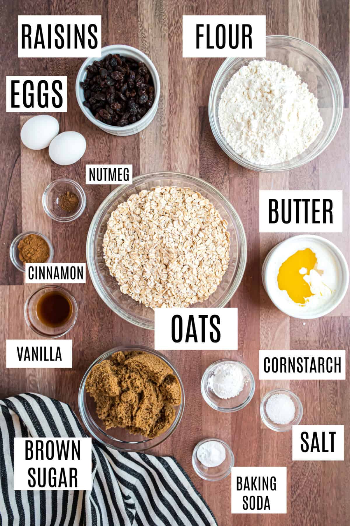 Ingredients needed for oatmeal raisin cookies.