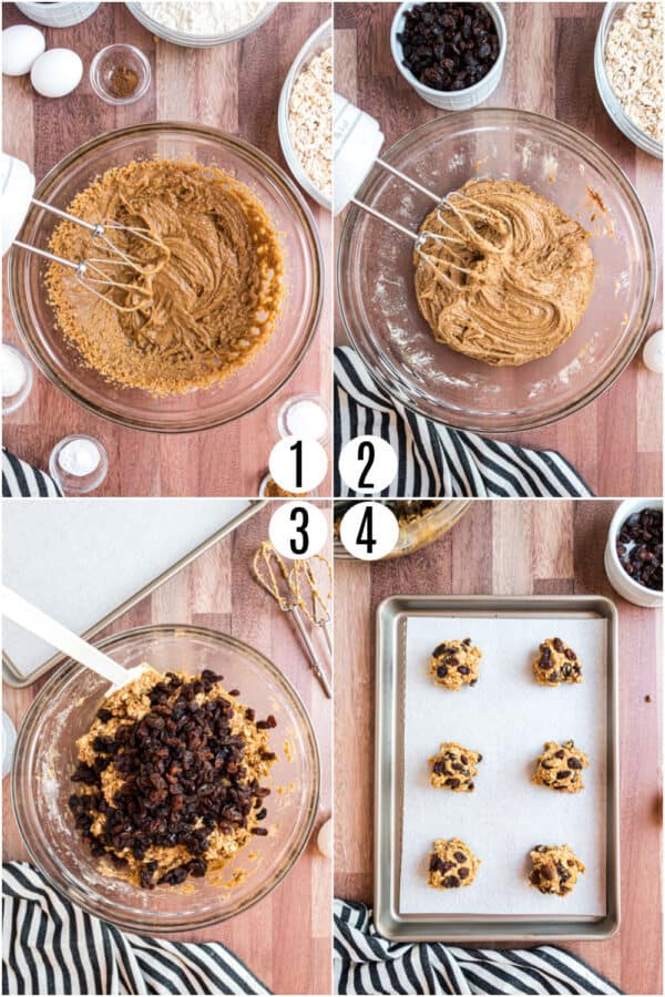 Step by step photos showing how to make oatmeal raisin cookies.