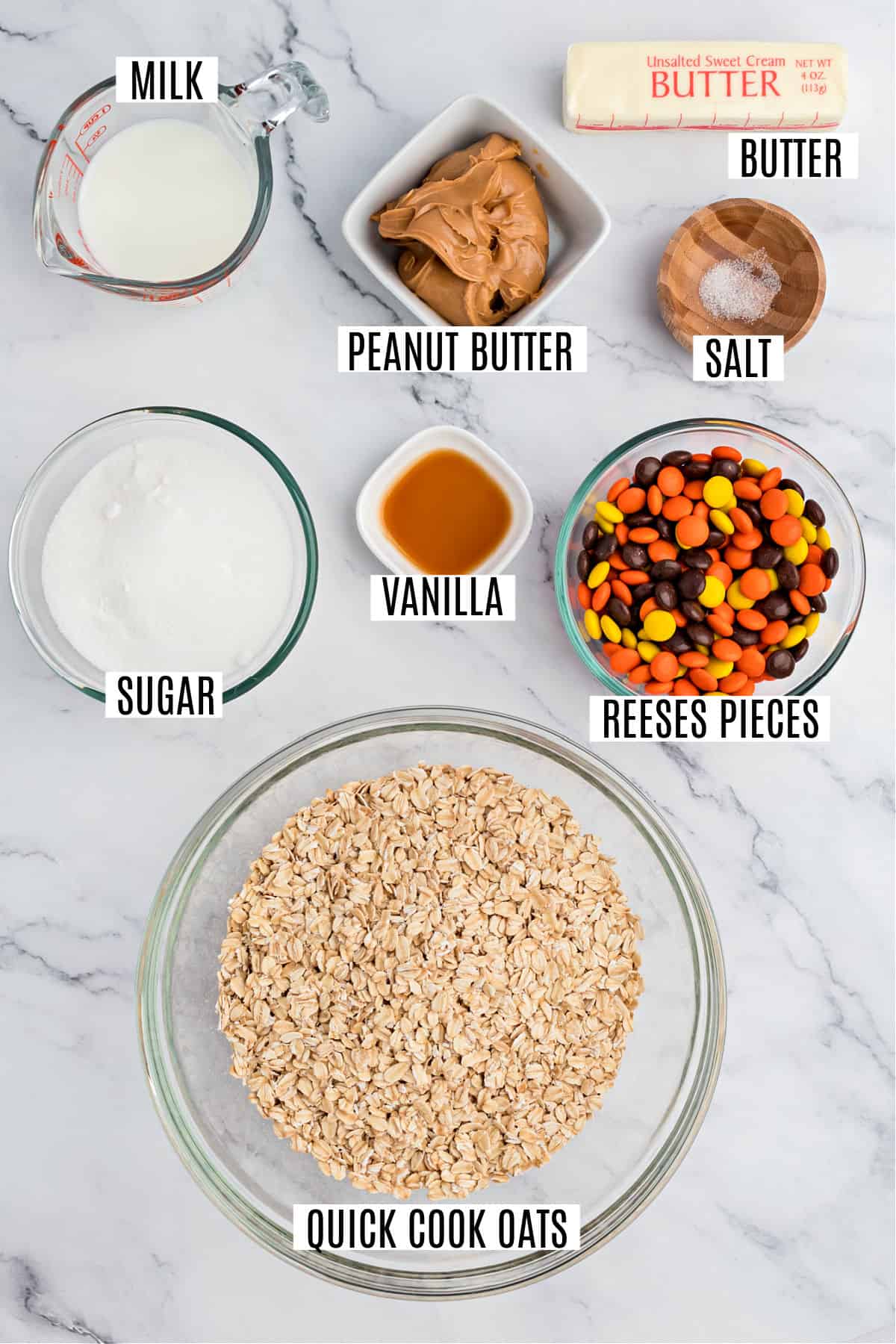 Ingredients needed to make peanut butter no bake cookies.