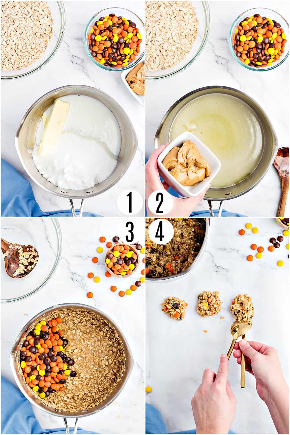 Step by step photos showing how to make no bake cookies.