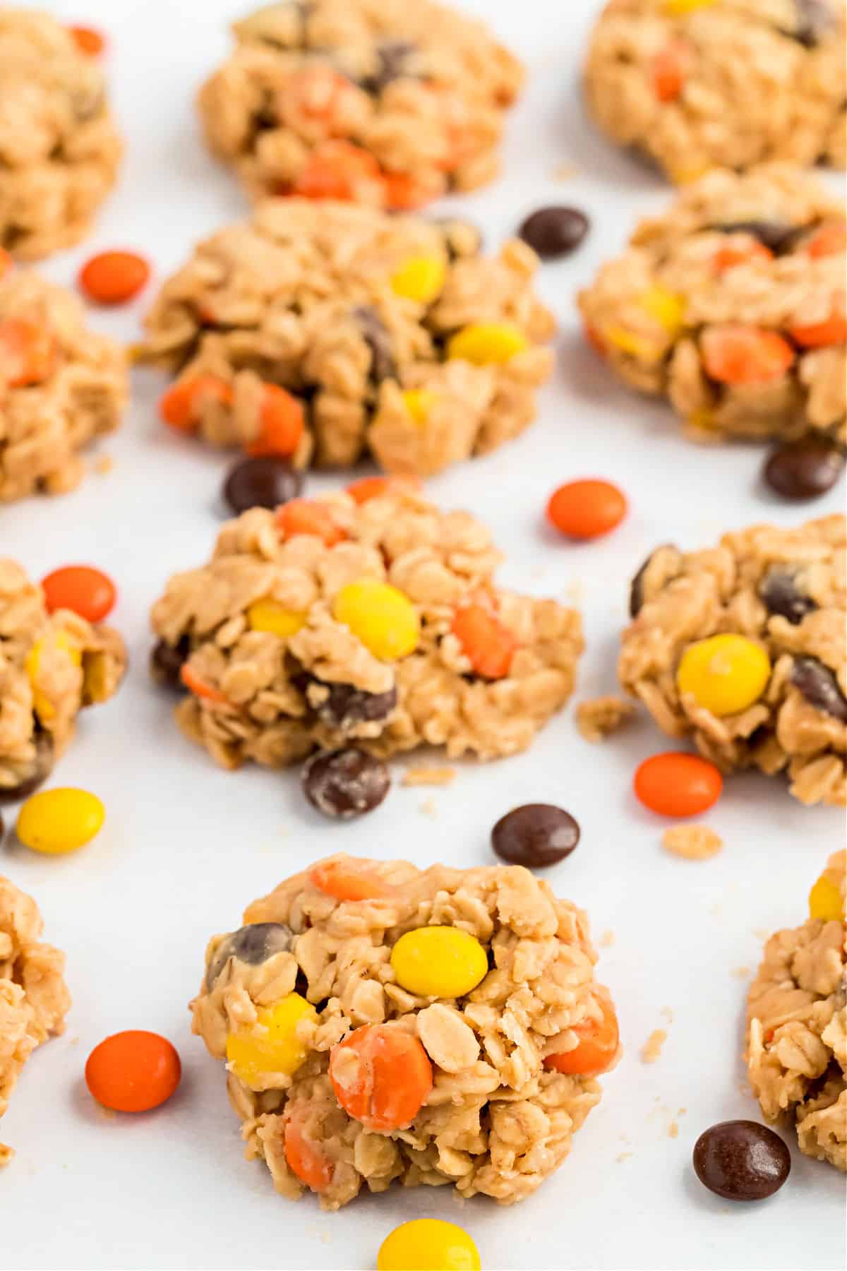 No bake peanut butter cookies on parchment paper.