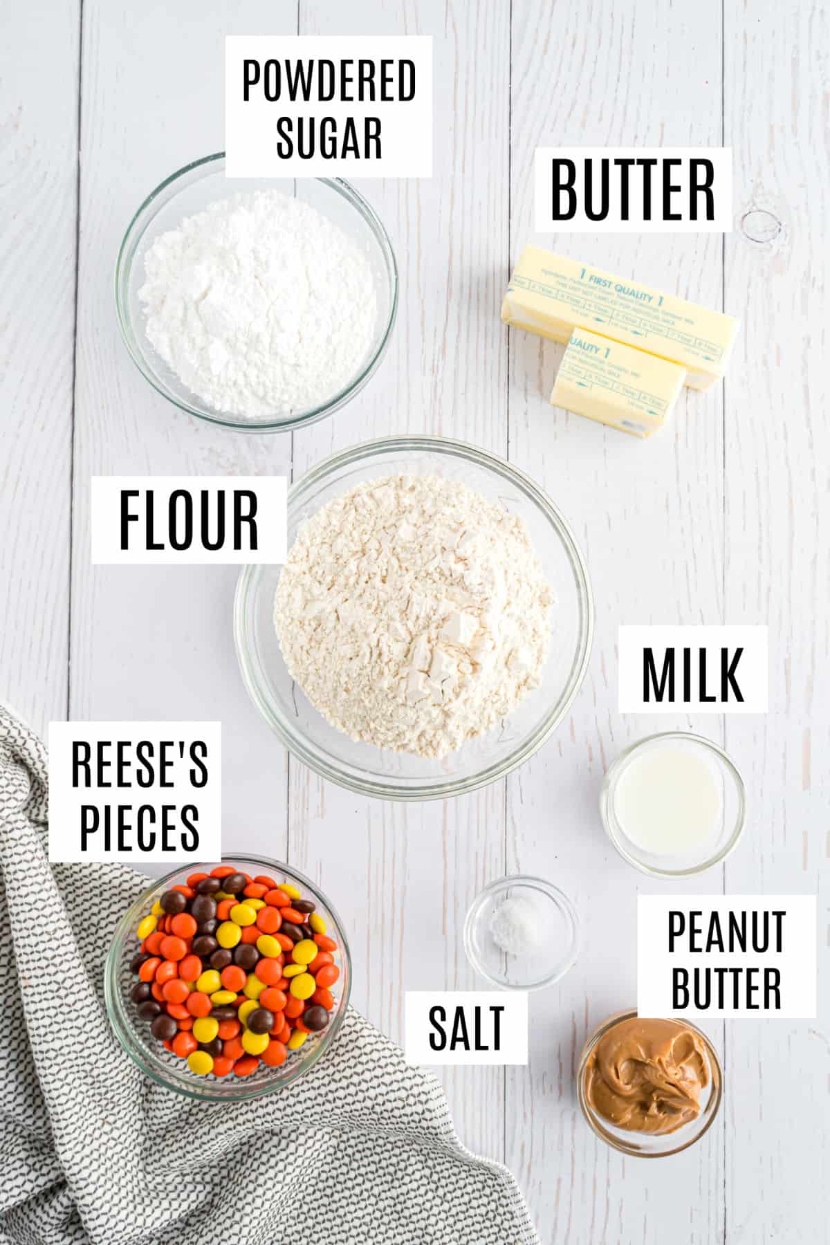 Ingredients needed to make peanut butter shortbread cookies.