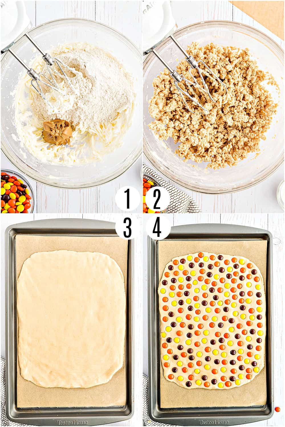 Step by step photos showing how to make peanut butter shortbread bars.