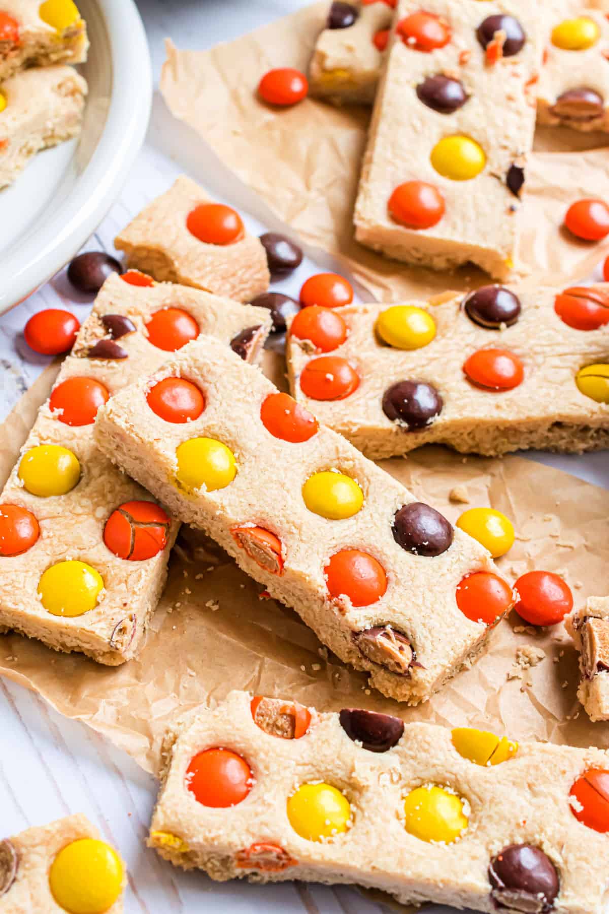 Peanut butter shortbread with reese's pieces and cut into bars.