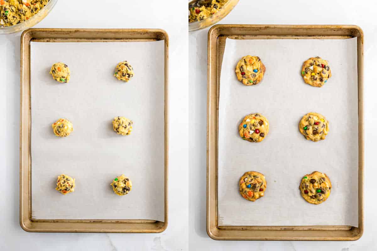 Six pudding cookies dough balls on a baking sheet, then six baked cookies with colorful candies on the same tray.
