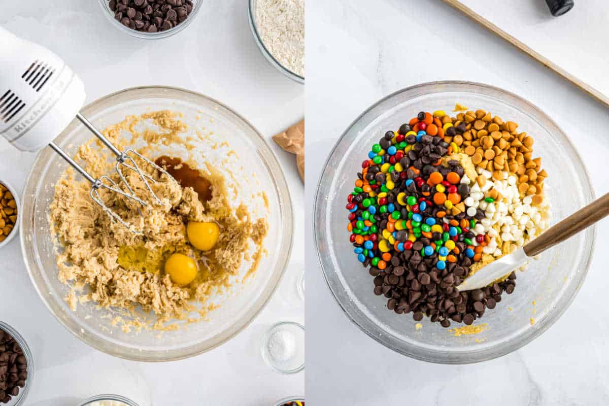 Two mixing bowls: one with pudding cookies dough and eggs, the other with dough, chocolate chips, and colorful candies.