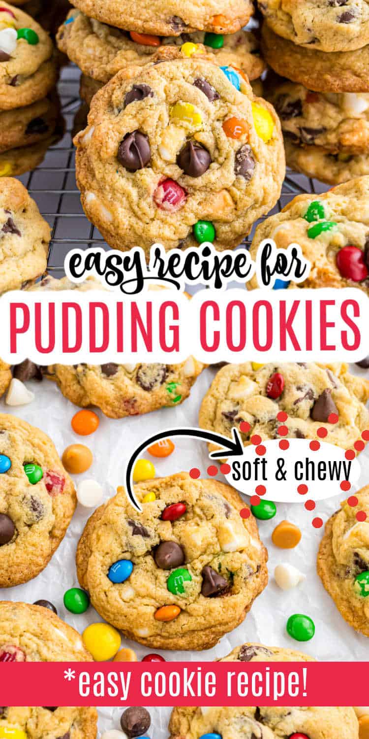 Close-up of chewy pudding cookies with colorful candies and chocolate chips, labeled as an easy pudding cookie recipe.