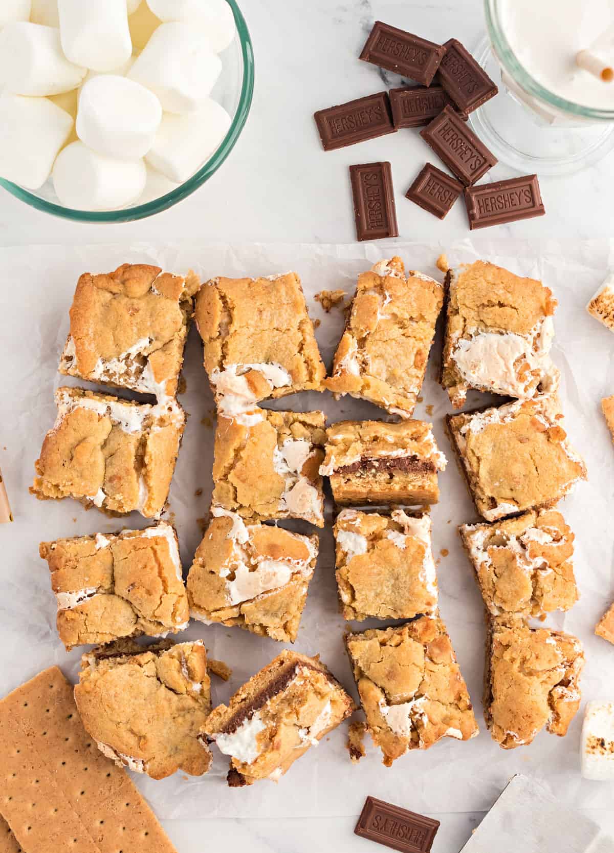 Smores cookie bars cut into squares.