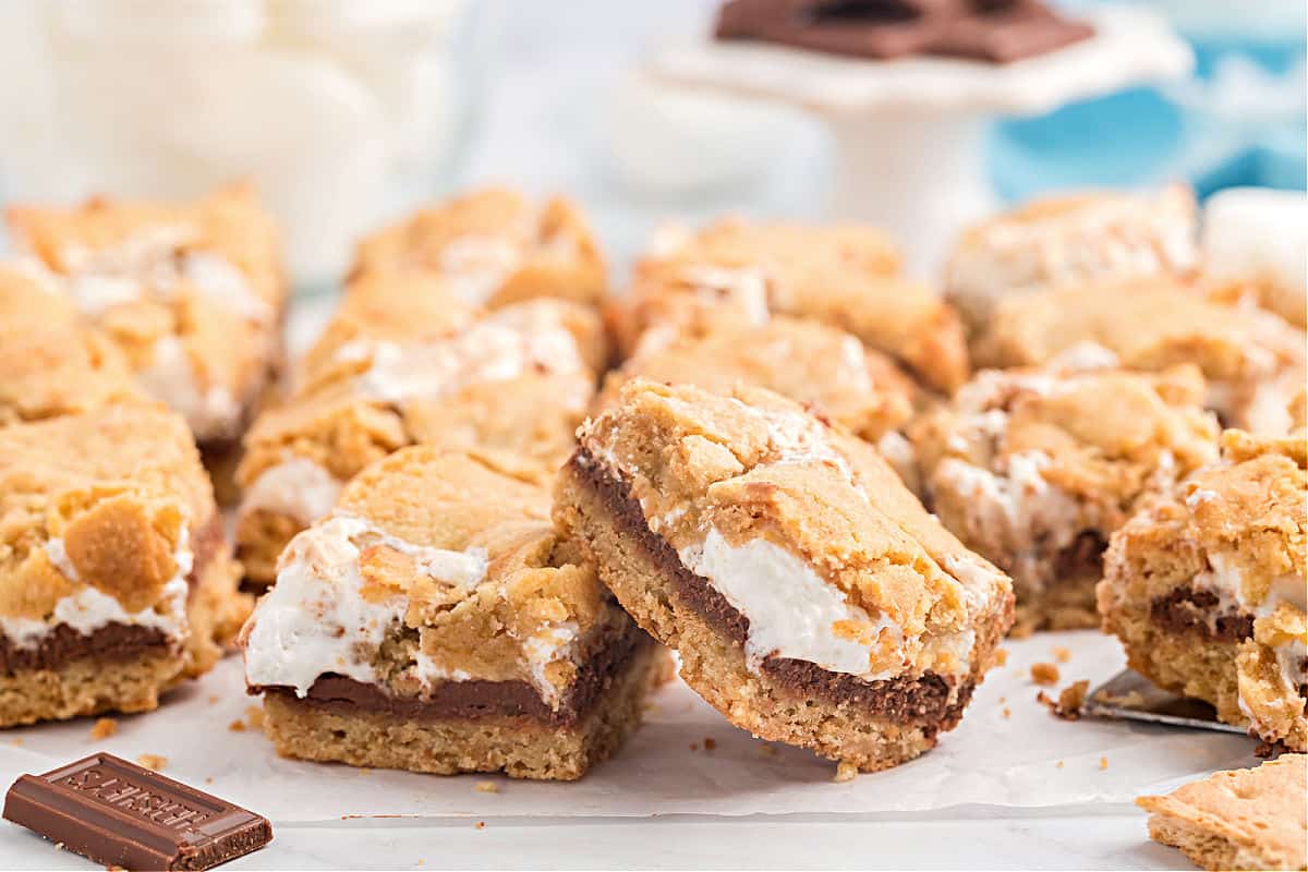 S'mores bars stacked on top of each other.