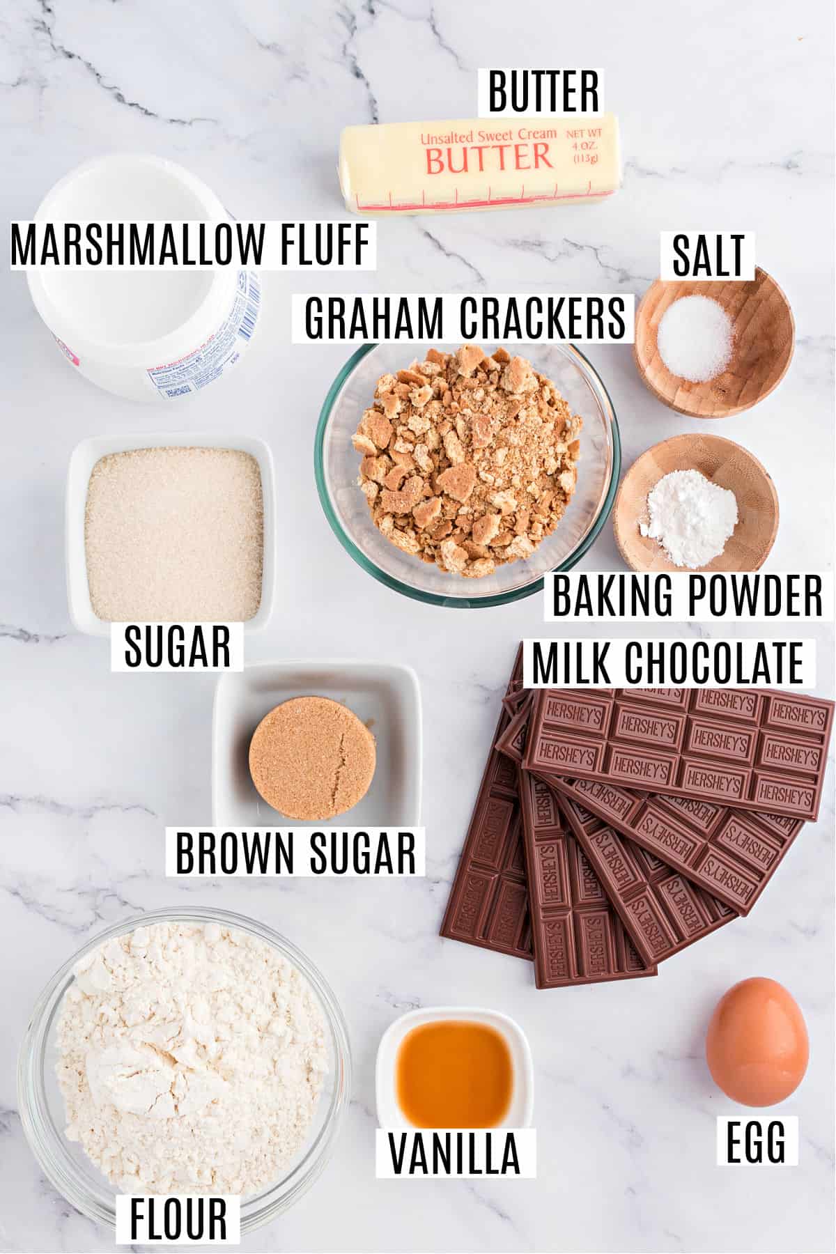 Ingredients needed to make smores cookie bars.