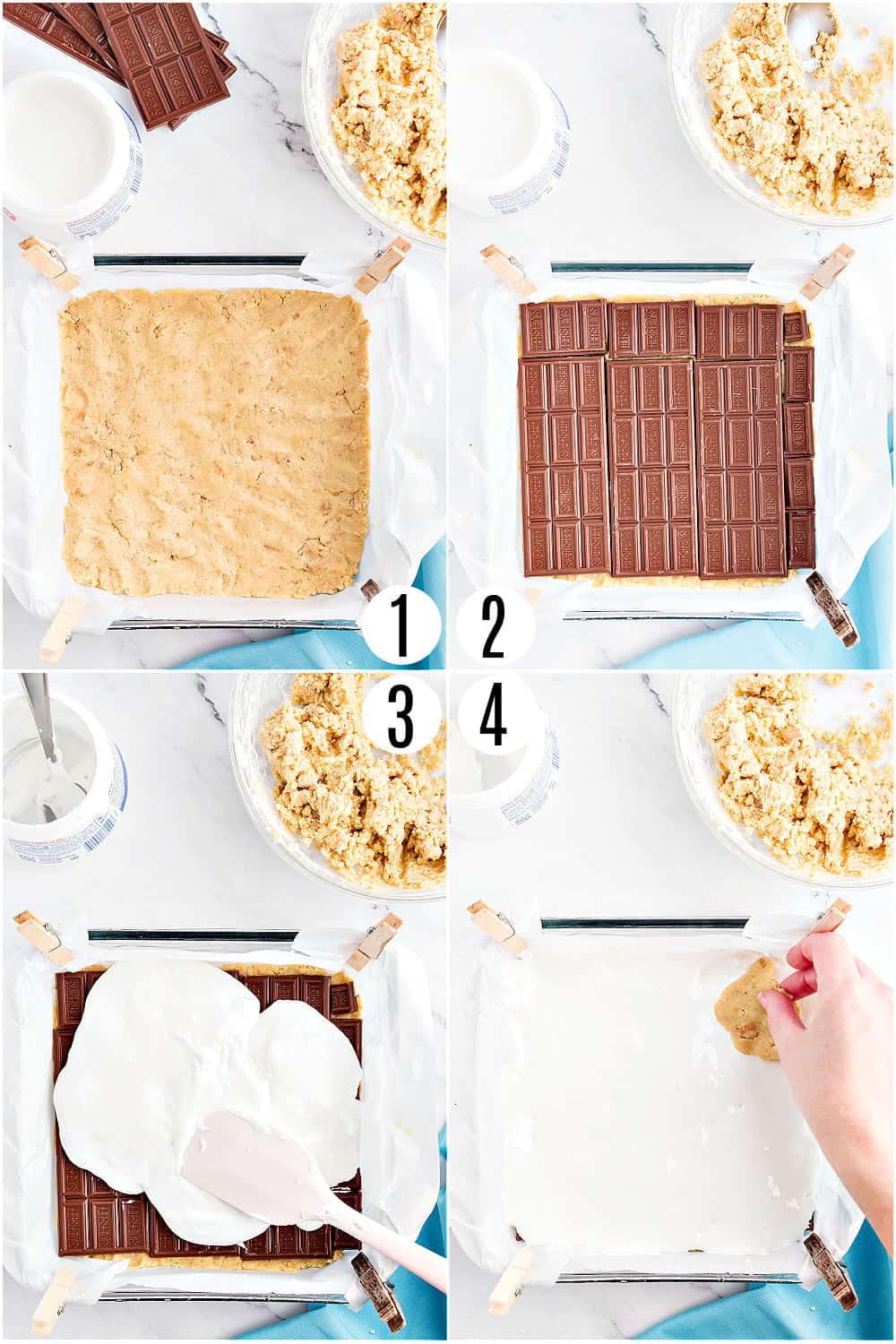 Step by step photos showing how to make smores cookie bars.