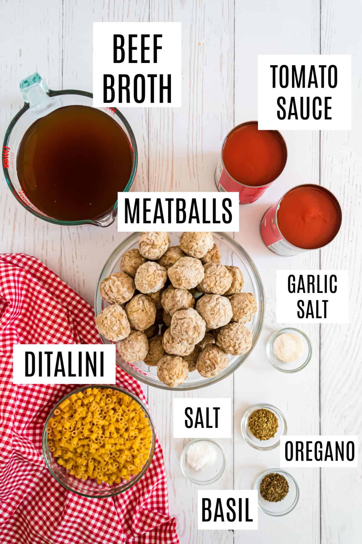 Ingredients needed to make spaghettios and meatballs.