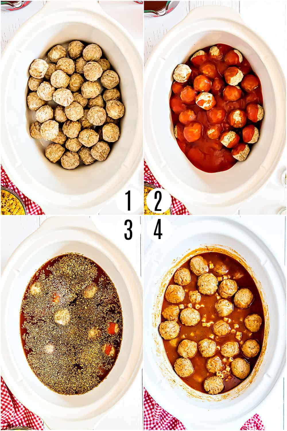 Step by step photos showing how to make spaghettios and meatballs.