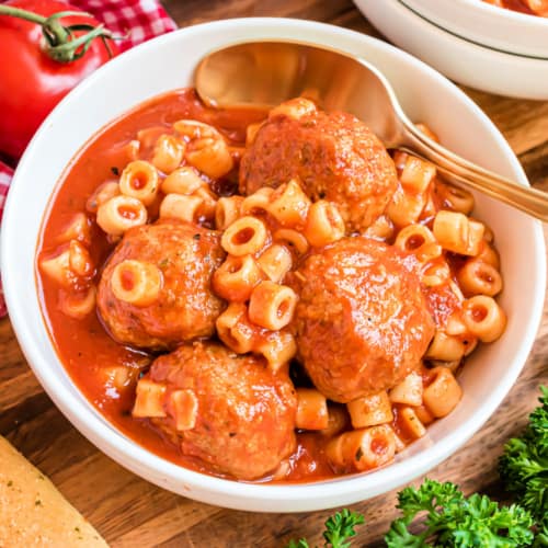 Homemade Spaghettios and Meatballs made in the slow cooker! It's a childhood favorite that you'll love any any age.