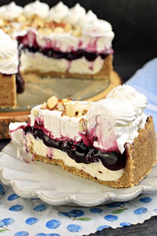 No Bake Blueberry Cheesecake recipe with almonds and a graham cracker crust. An easy dessert idea for summer, or any holiday!