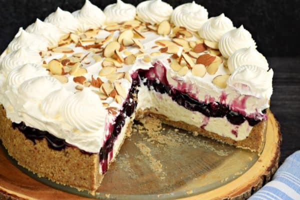 No Bake Blueberry Cheesecake recipe with almonds and a graham cracker crust. An easy dessert idea for summer, or any holiday!