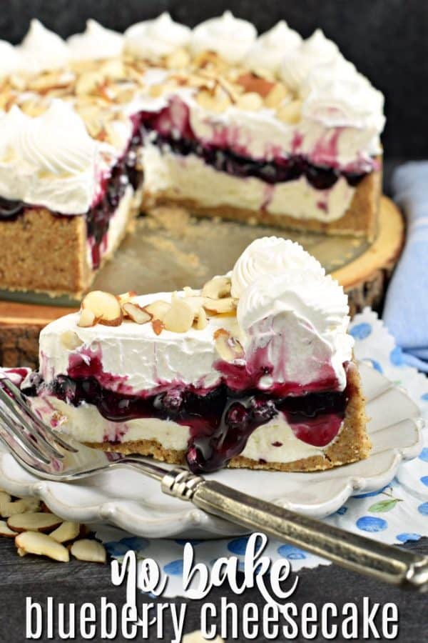 No Bake Blueberry Cheesecake recipe with almonds and a graham cracker crust. An easy dessert idea for summer, or any holiday!