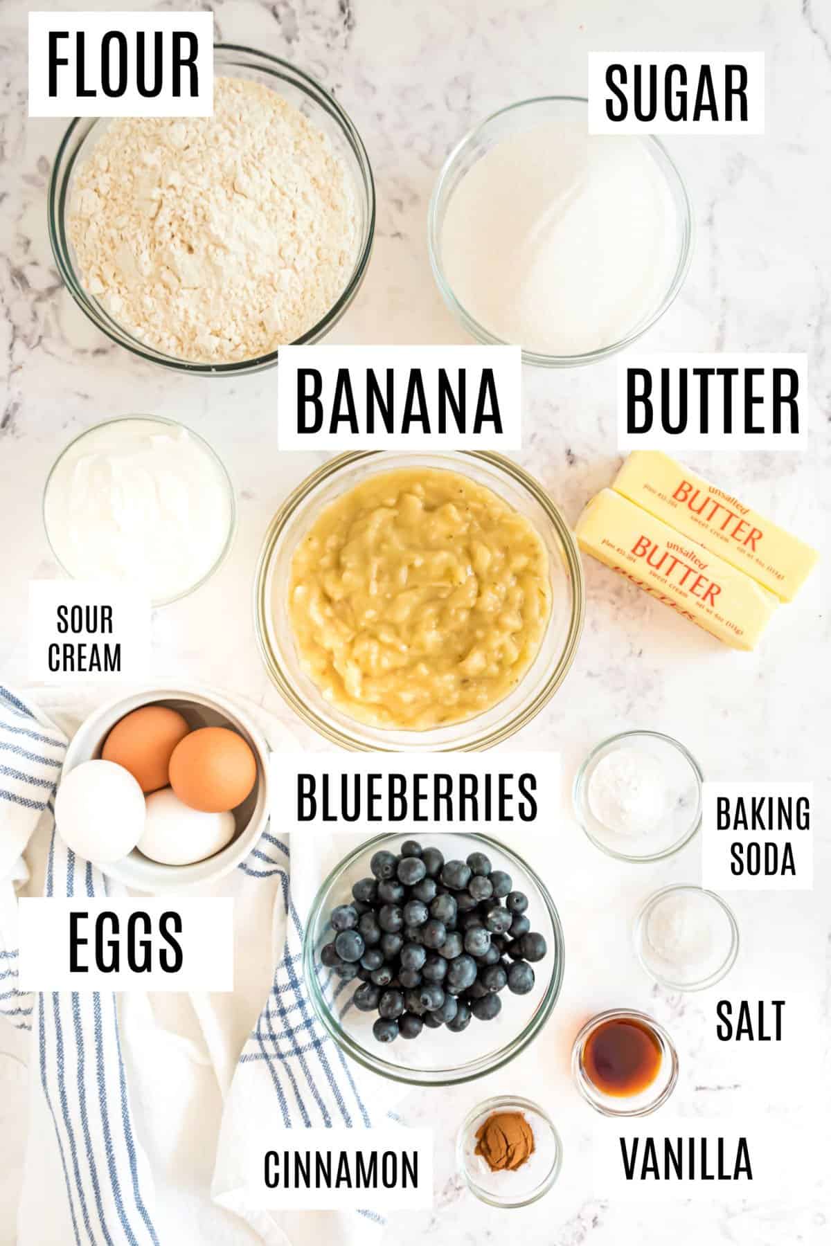 Ingredients needed to make blueberry banana bread.