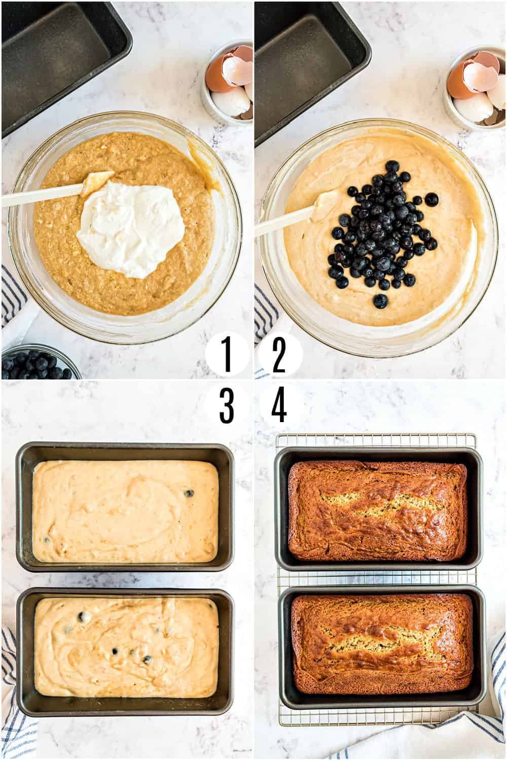 Step by step photos showing how to make blueberry banana bread.