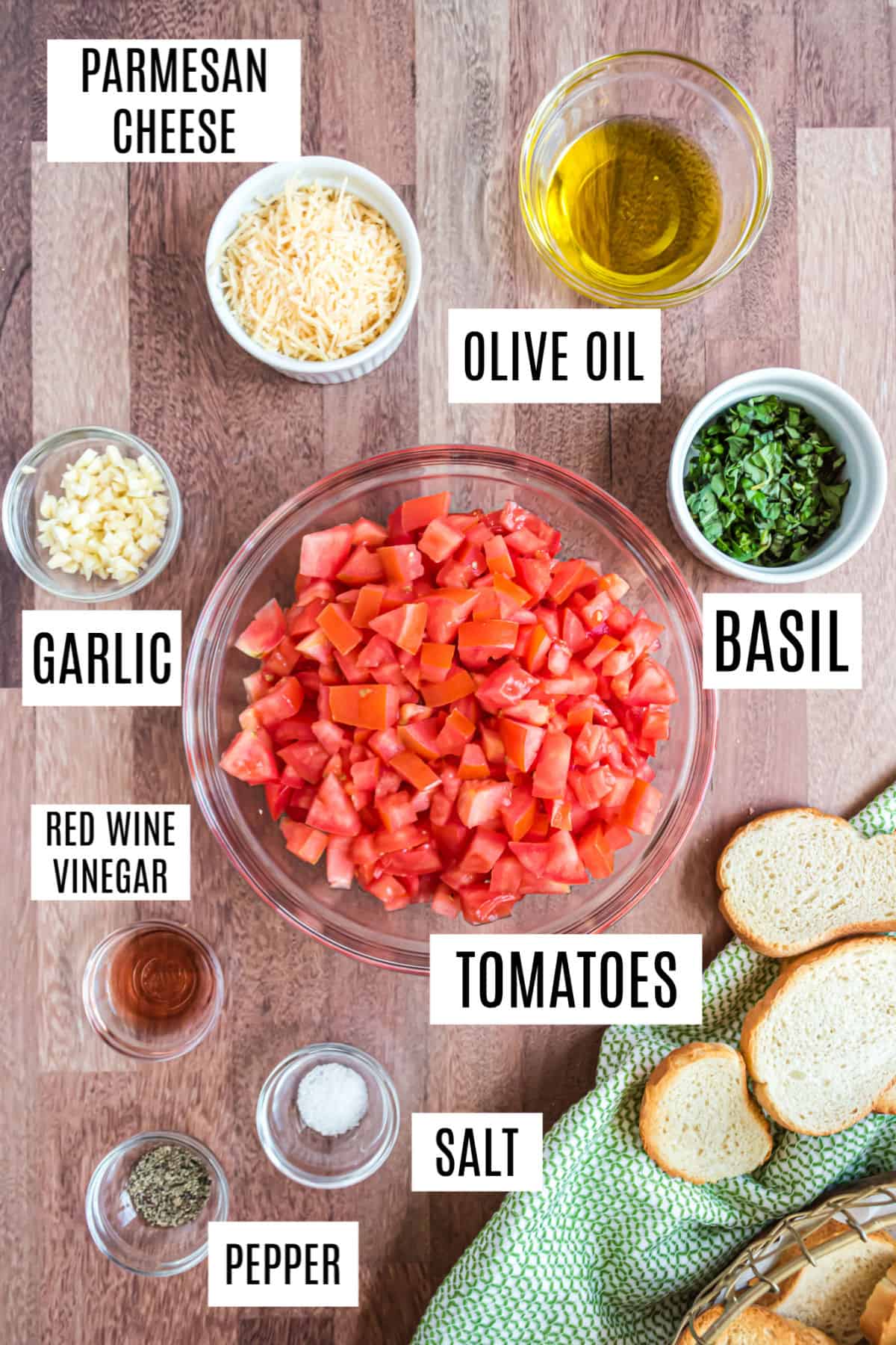 Ingredients needed for homemade bruschetta.