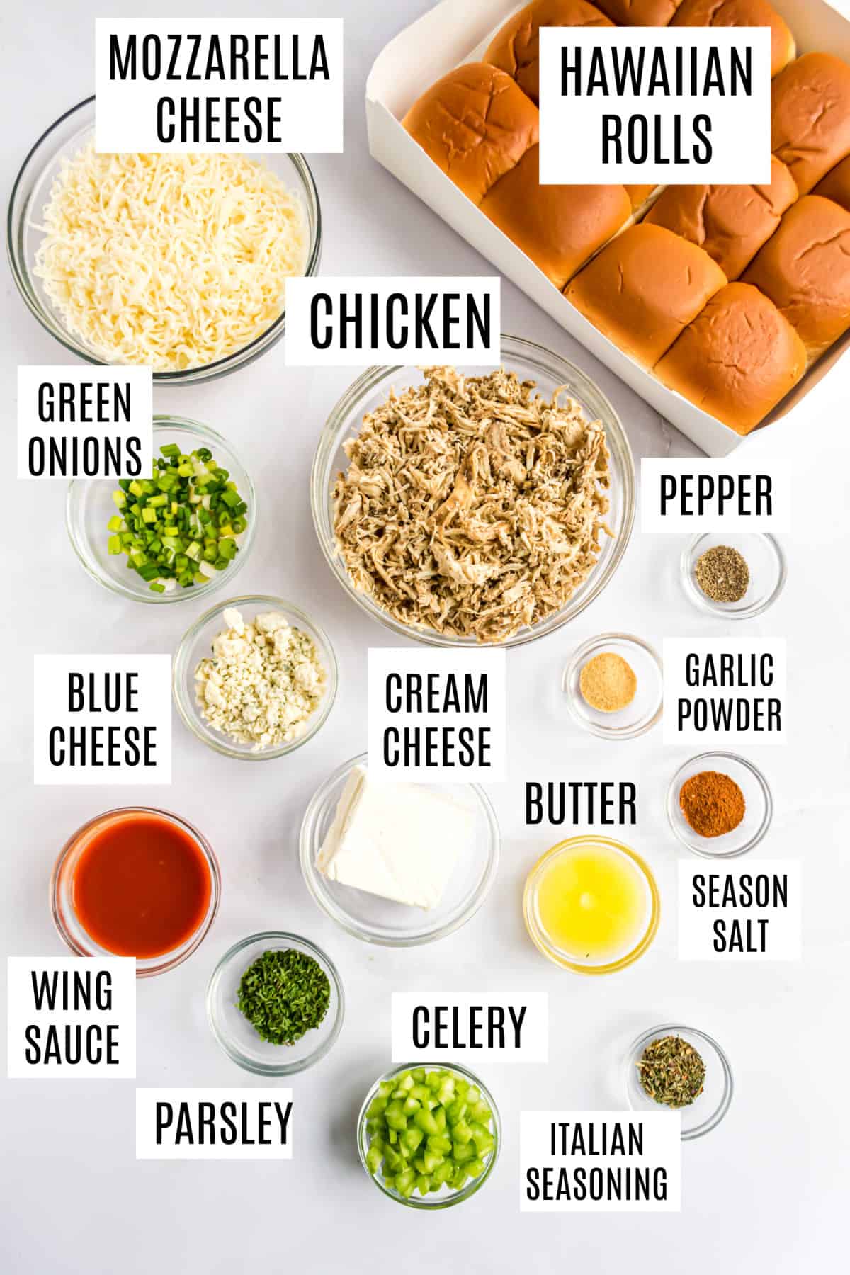 Ingredients needed to make buffalo chicken sldiers.