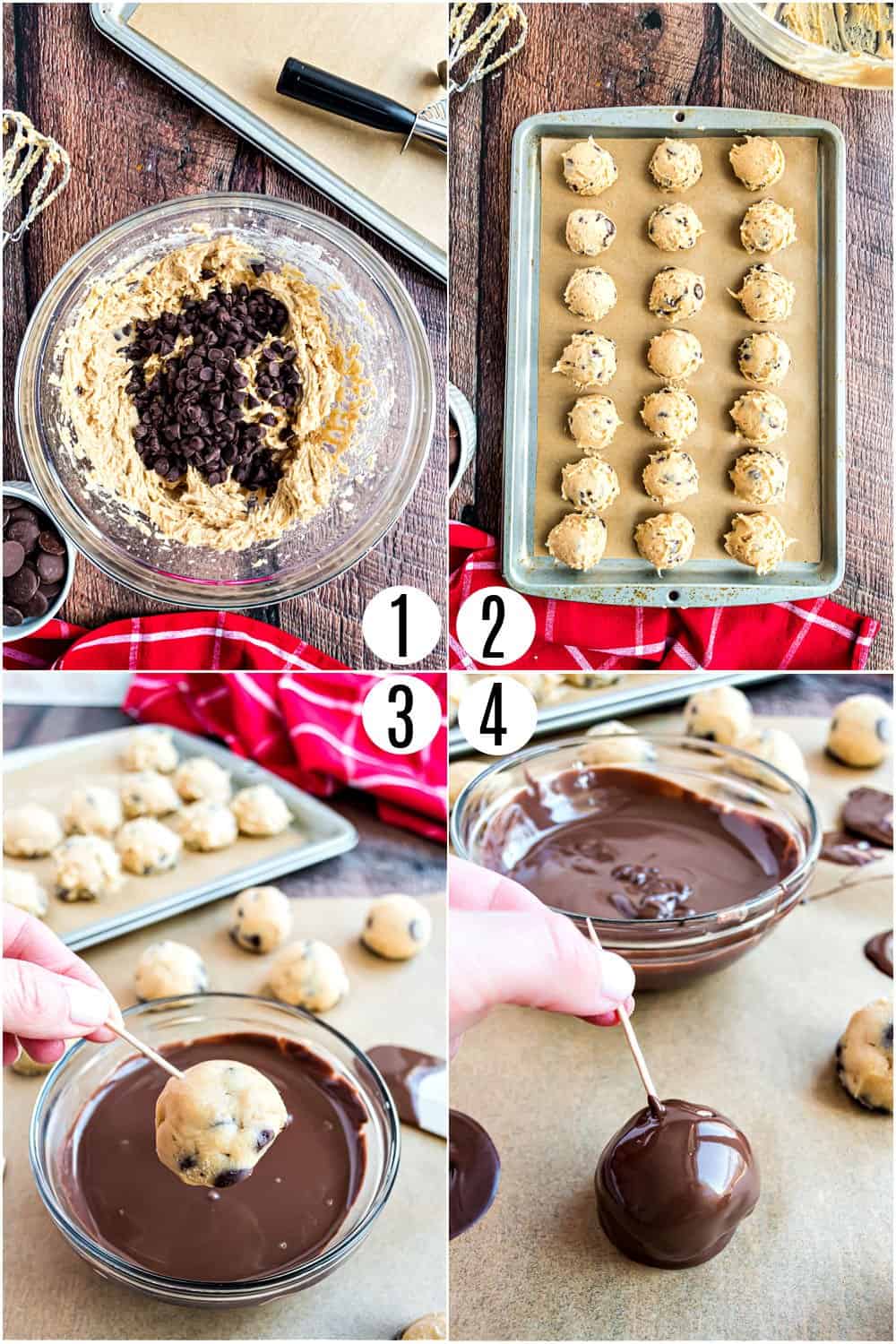 Step by step photos showing how to make cookie dough truffles.