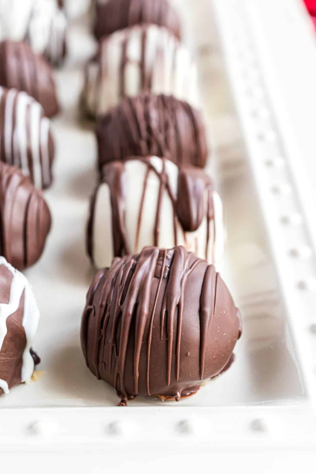 Chocolate chip truffles dipped in chocolate.