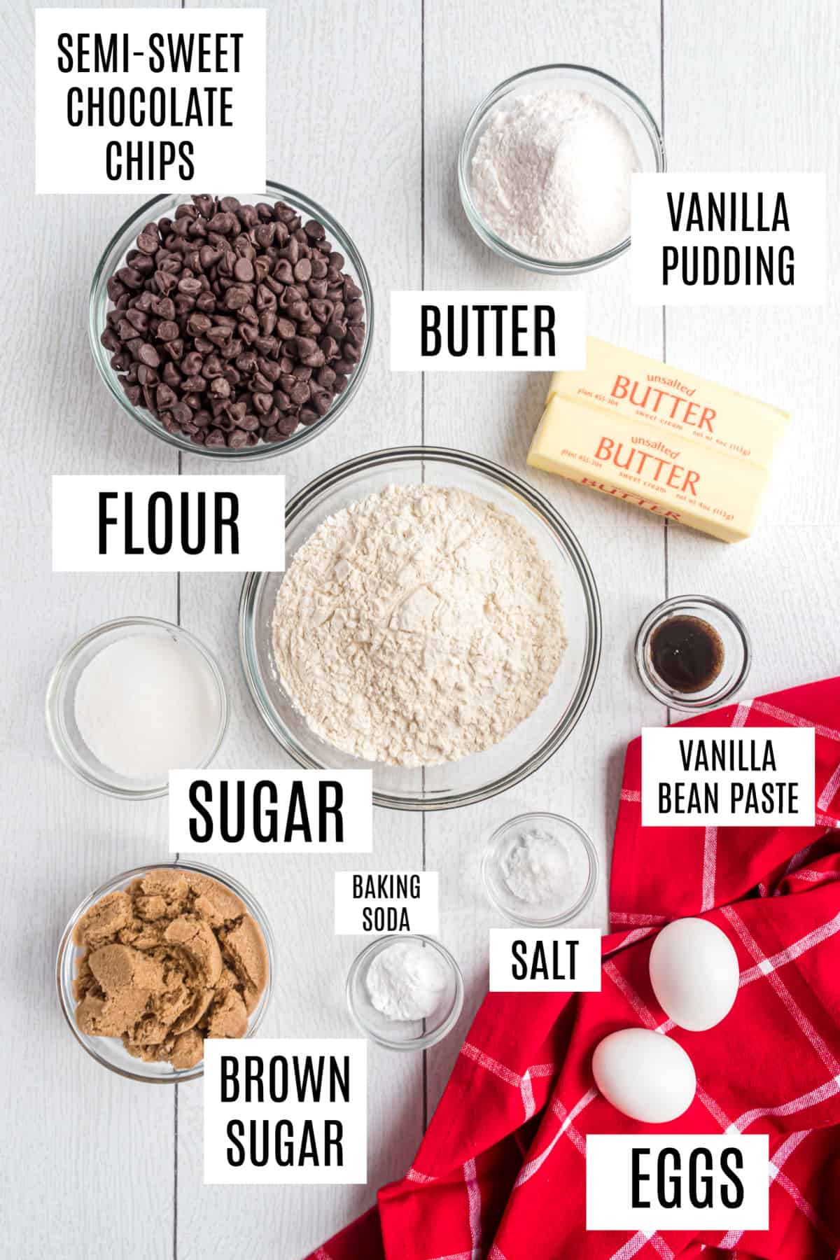 Ingredients needed to make chocolate chip cookies with pudding mix.