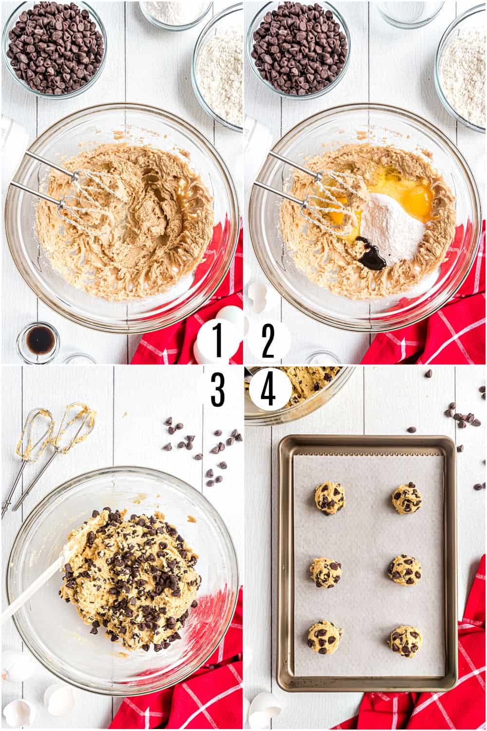 Step by step photos showing how to make chocolate chip cookies with pudding mix.