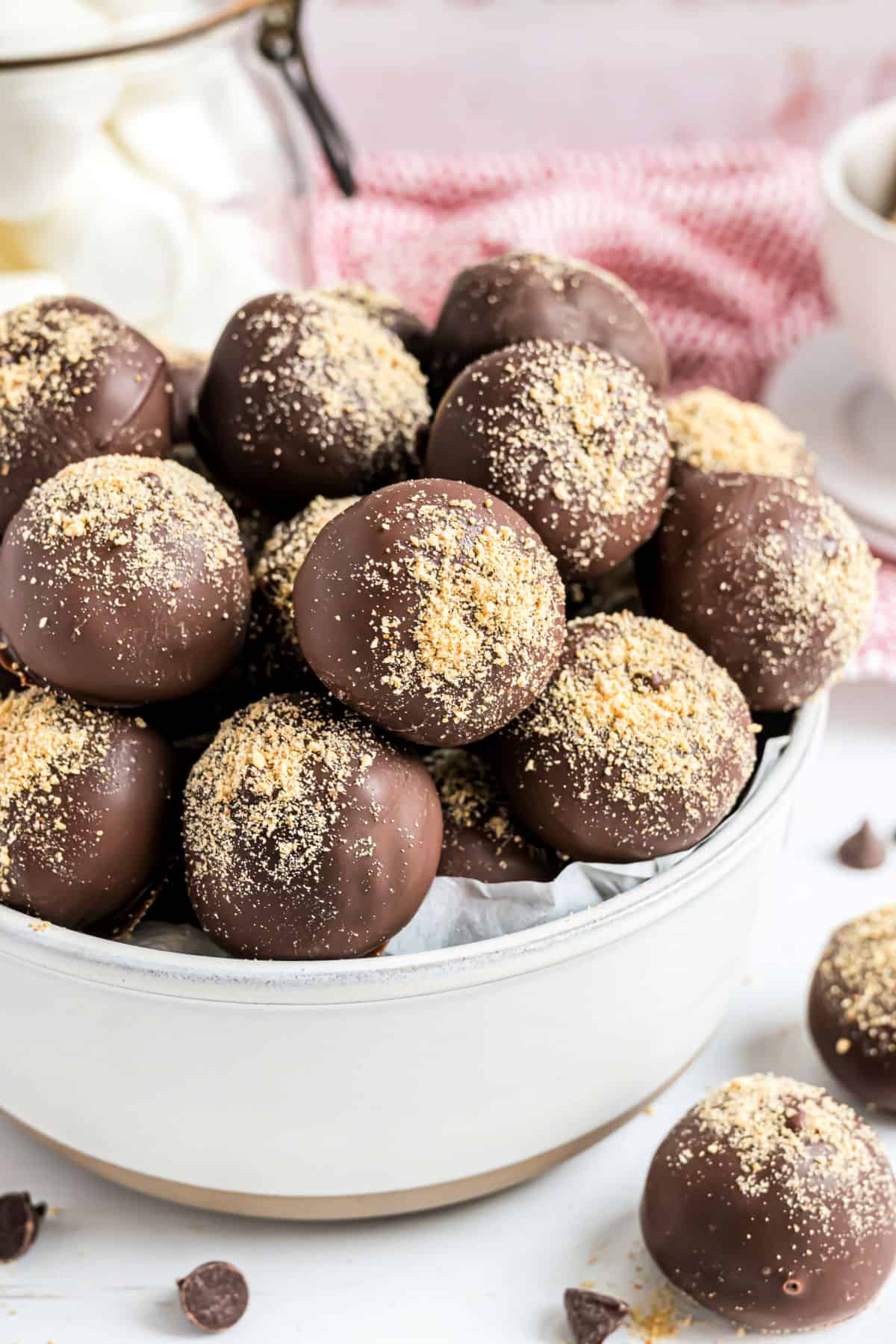 Chocolate truffles in a bowl, dusted with graham cracker crumbs.