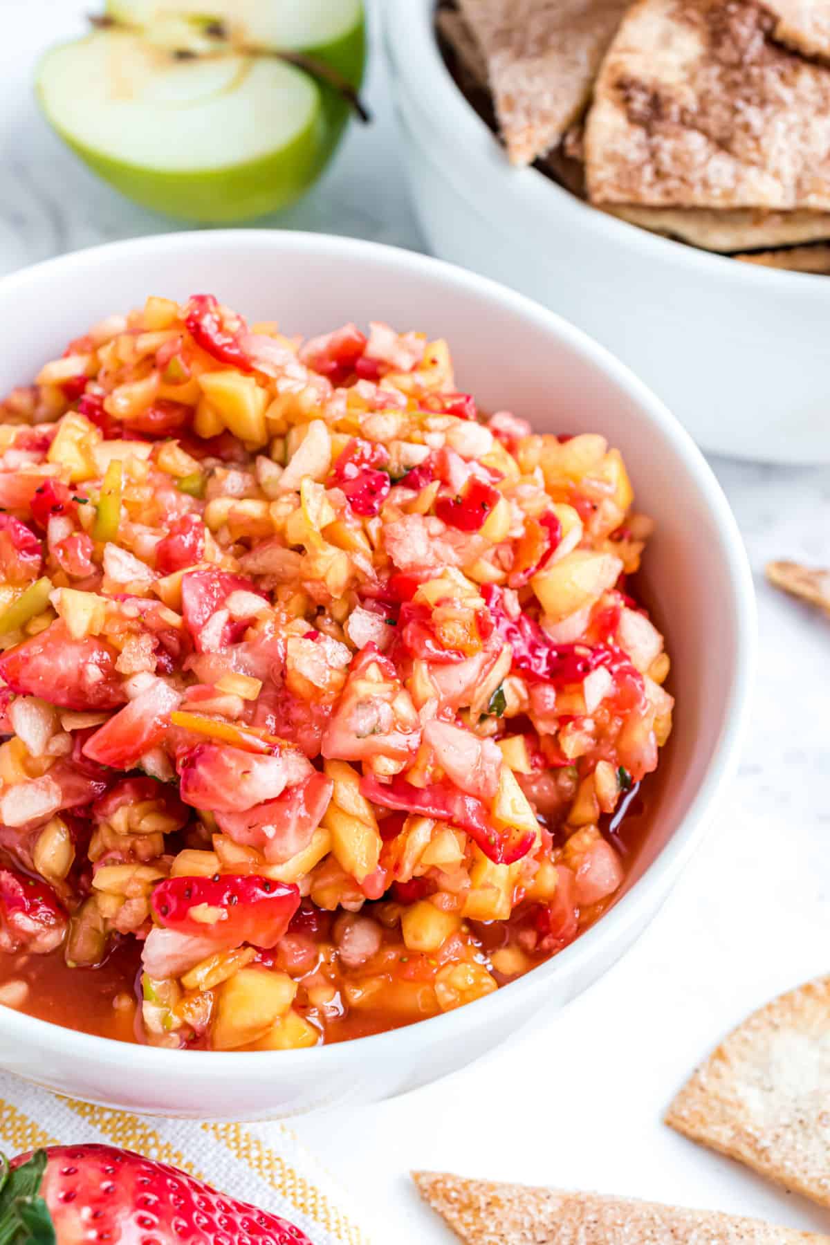 Fruit salsa served with homemade tortilla chips.