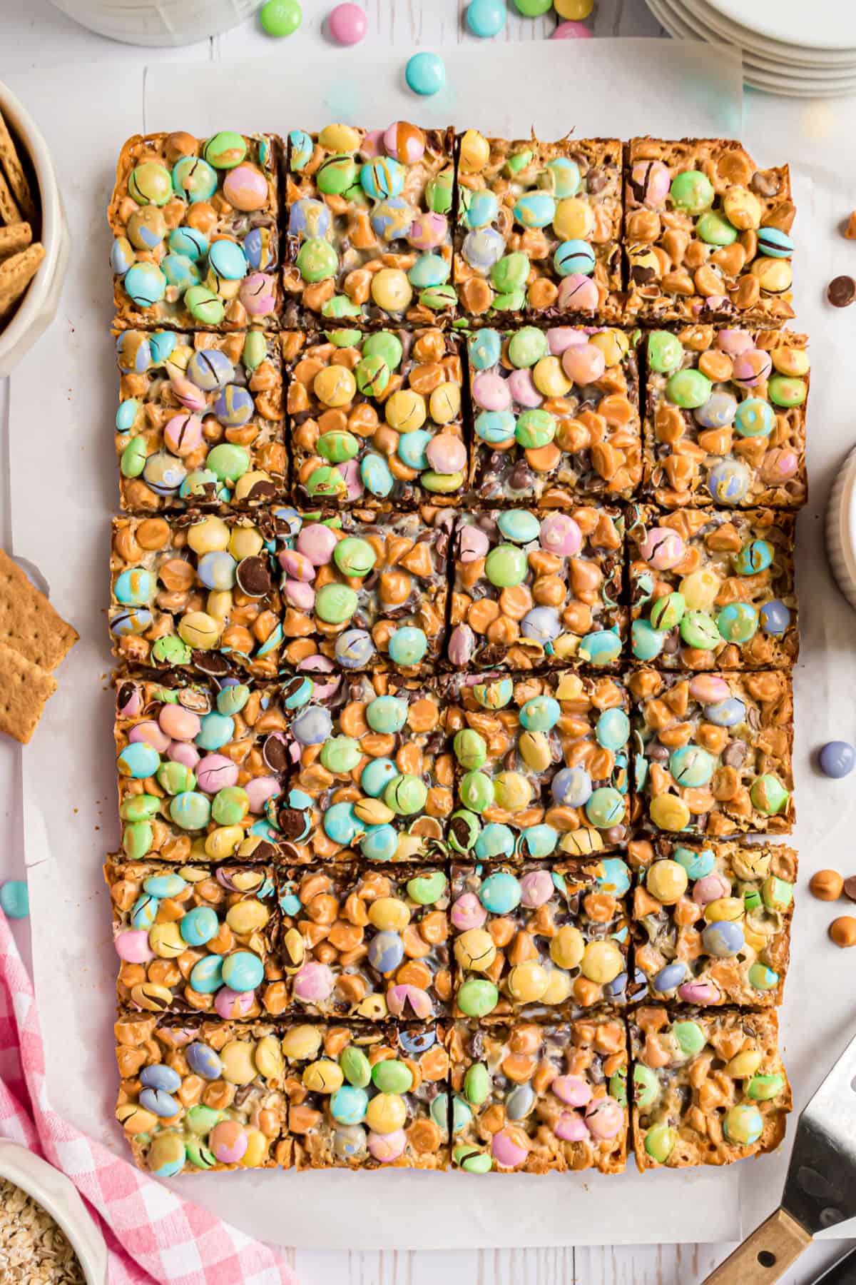 Batch of magic bars cut into squares.