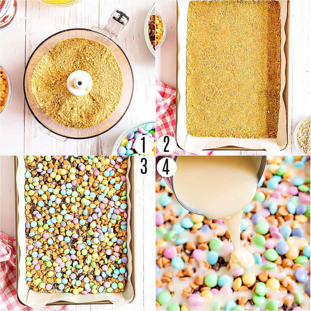 Step by step photos showing how to make magic cookie bars.